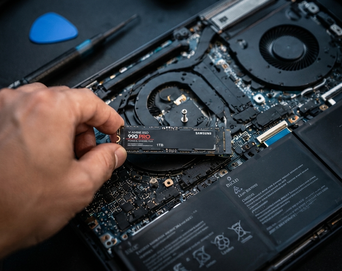 Técnico da Losker instalando um SSD em um notebook aberto